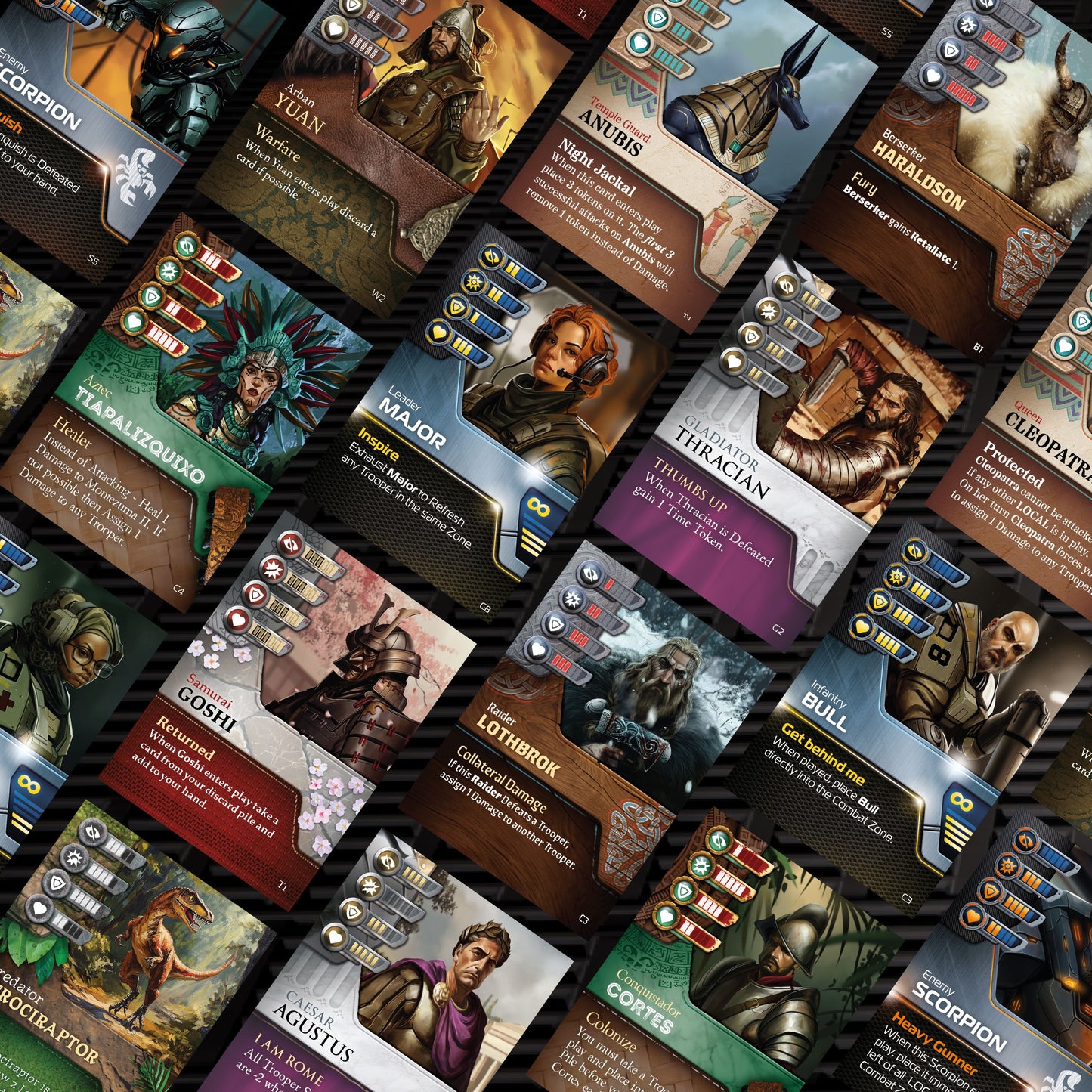 Collection of strategy game cards with various characters and text on a checkered background