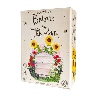 Game Box cover of 'Before the Rain' with illustrations of a beehive and flowers on a beige background.