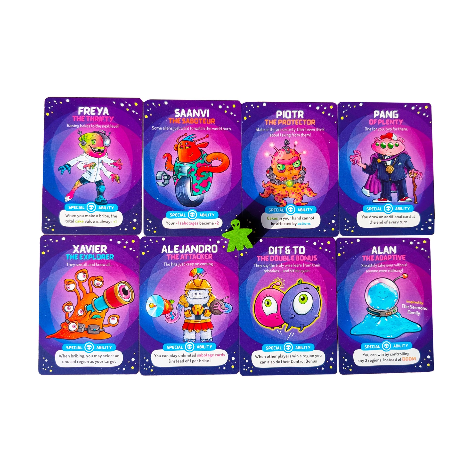 Set of colourful character cards with vibrant designs and custom wooden token