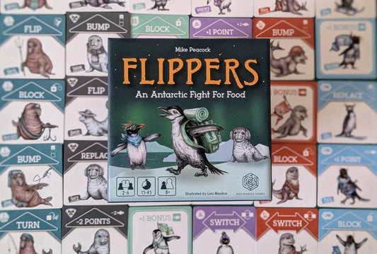 Card game box titled 'Flippers' by Mike Peacock on a background of game cards.